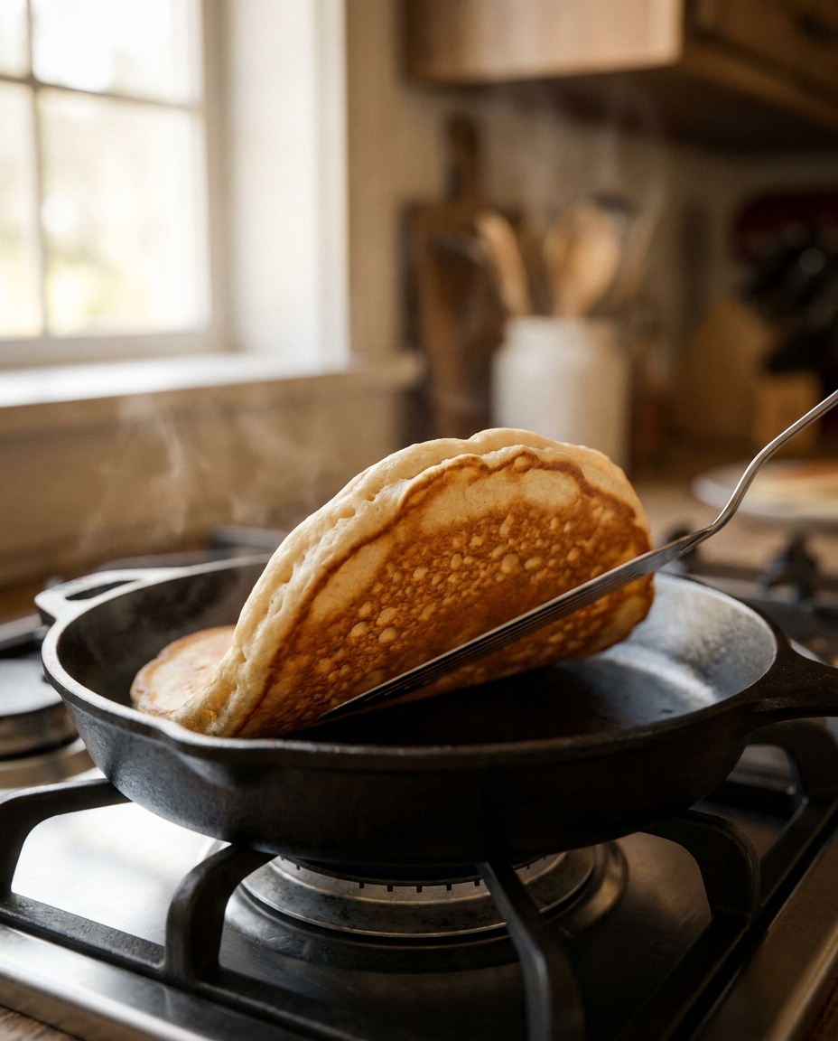 A spatula lifting the edge of a pancake to check the underside is golden brown and the edges have turned matte before flipping