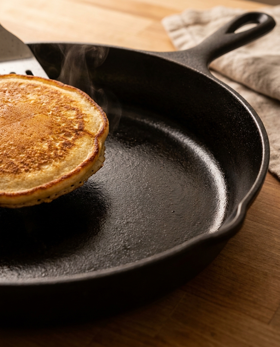A well-seasoned cast iron pan with a smooth, glossy cooking surface that releases pancakes cleanly