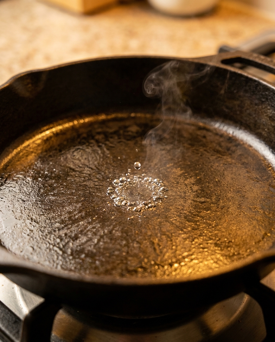 A droplet of water sizzling and dancing on a hot frying pan, the test for whether the pan is ready for pancake batter