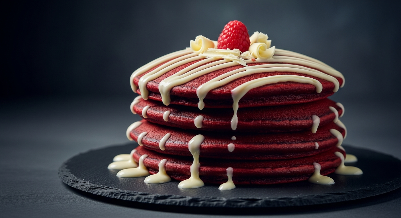 Red Velvet Pancake Stack with Cream Cheese Drizzle